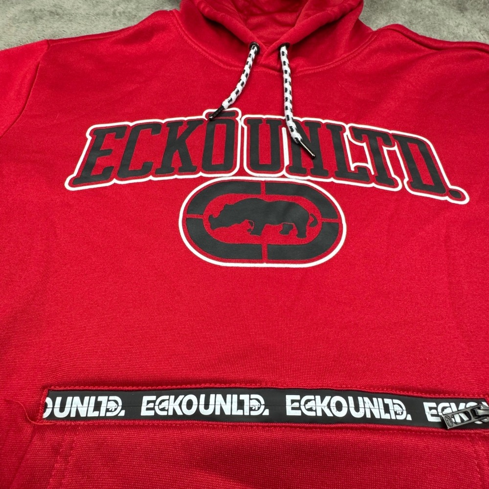 Ecko Unltd Hoodie Mens XL Red Excellent Graphic Logo Tech Fleece Pullover - Picture 9 of 10